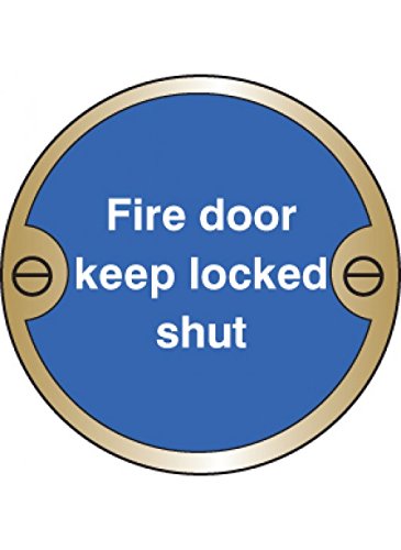 Caledonia Signs 59123 Fire Door Keep Locked Shut Sign, Brass, 76 mm Diameter