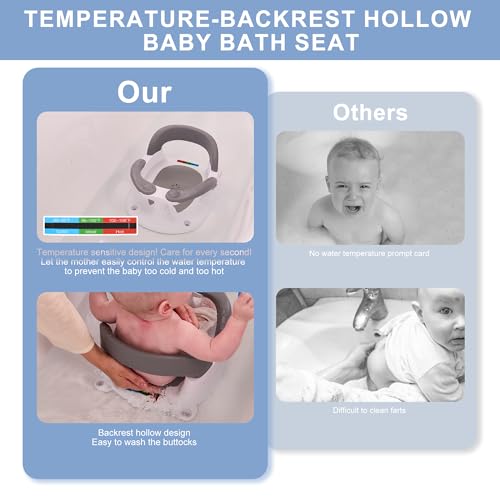 Image of Baby Bath seat for Babies 6 Months & up, 360 Stable Toddler Bath Chair with one-Touch Button, Back Hollow Design, Water Temperature Card & 4 Suction Cups for Safety (Dark Gray)