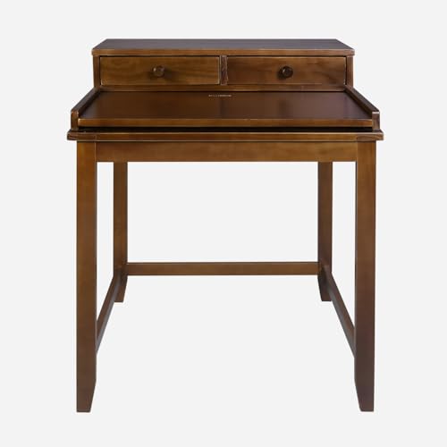 HomeStock Medieval Majesty Office Computer Desk in Truffle Brown Finish with Hutch Pull-Out Tray and Concealed Storage Compartment 22 x 28 x 35 Solid Pine Wood