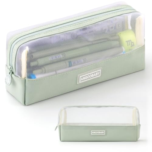Image of ANGOOBABY Mesh Pencil Bag Clear pencil case Zipper Pouch Bags Multifunctional Pencil Holder for Students, Small Makeup Bag Suitable for Teen Girls & Boys（Green）