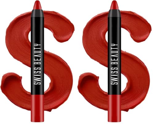 Image of Swiss Beauty Matte Long Lasting Stay Maxx Lip Crayon Lipstick | Matte Finish | 12-Hour Stay | Smudge Proof | Lightweight | Shade-Red letter, 3.5g (Pack of 2)