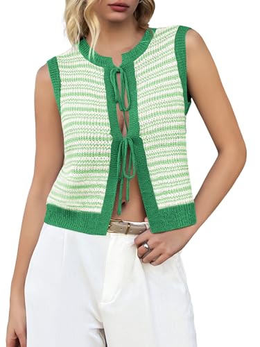 Image of Yousify Women Crochet Vest Top Y2k Tie Front Sweaters Vest Open Front Crop Tops Trendy Seaside Swim Cover ups Green L