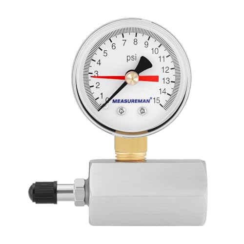 MEASUREMAN 2” Air Pressure Gauge, 0-15 PSI, Black Steel Case, Red Memory Pointer, Brass Fittings, Durable Plastic Lens, Radial Mount for Accurate Pressure Monitoring