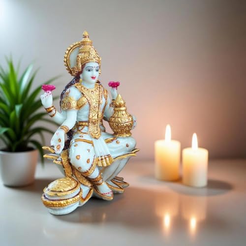 Image of YASHONIDHI Lakshmi Devi Marble Dust Idol, 7 Inches, White and Gold, Goddess Laxmi MATA Murti, for Pooja Room, for Home Decor, Office Decoration, for Good Luck and Wealth, Gift for All Occasions