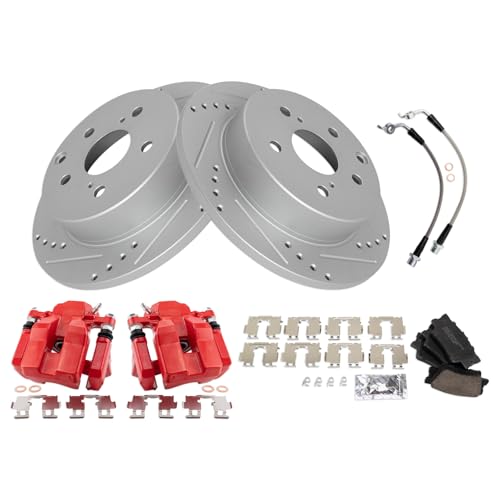 Image of TRQ Performance Rear Brake Pad and Rotor Set Ceramic Drilled Slotted Coated | For 2012-2018 Toyota RAV4