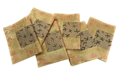 Image of Brocade Silk Placemats for Dinning Table 12 x 18 Inches Hand Embroidered, Set of 6 Decorative Placemats for Home (Beige Gold)