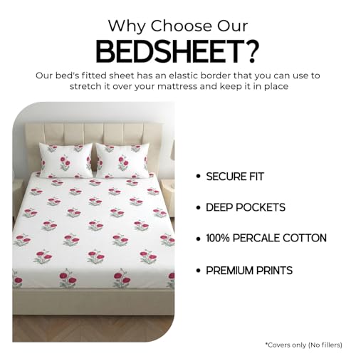 Image of LINENWALAS 100% Cotton 210 TC Double Fitted Sheet with Pillow Cover | 360 Elastic Bedsheet with 14 inch Deep Pocket - Soft Breathable Bedding (72x72 inch, Ruby Flora)