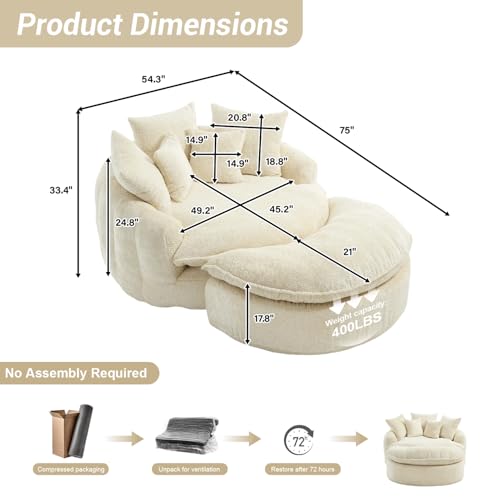 Image of 54 inch Round Chaise Lounge with Ottoman Big Bean Bag Round Sofa Bed Oversized Round Couch Boneless Reading Chair Comfy Plush Chenille Large Chaise Chair for Living Room, Apartment, Beige