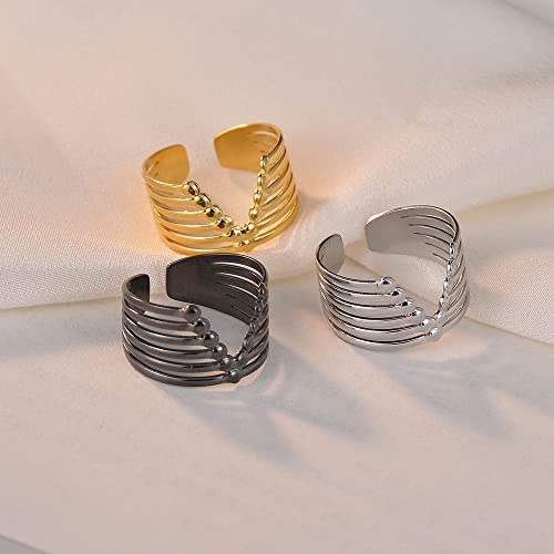 Gold Statement Ring For Women Men,Stainless Steel Geometric Rings, Chunky Ring,V Shaped Pattern Open Adjustable Rings Vintage Braided Twisted Rings (A) #TOP5