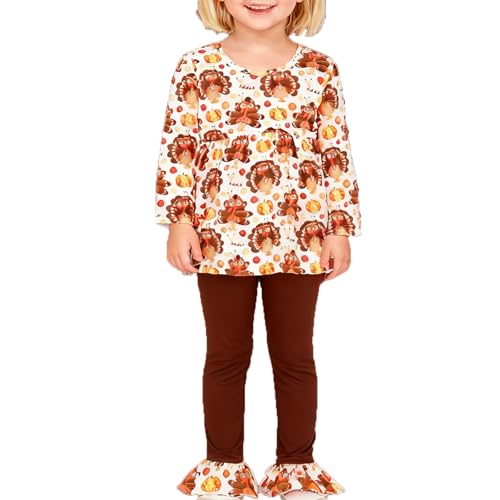 Image of Thanksgiving Toddler Girls Turkey Outfits Set Ruffle T-Shirt Dress and Pants Outfit Set 3-8Years