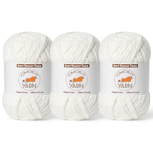 Image of 3 Pack White Fluffy Velvet Yarn for Crocheting, Chunky Chenille Baby Blanket Yarn for Crocheting, Soft Fuzzy Puzzle Yarn for Knitting, (100g /3.53oz Each) Bulky Thick Amigurumi Crochet Yarns