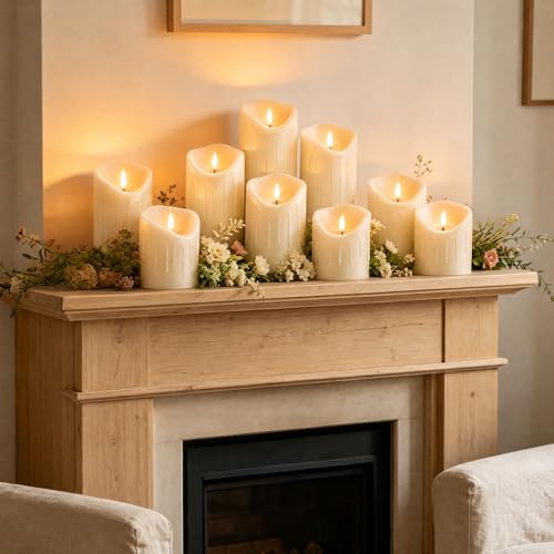 Image of 9 Pcs Flickering Flameless LED Pillar Candles, (D 3 inch x H 3 inch 4 inch 5 inch 6 inch 7 inch) Battery Operated with Remote Plastic Wax Drip Fake Candles for Home Wedding Holiday Decor,Ivory