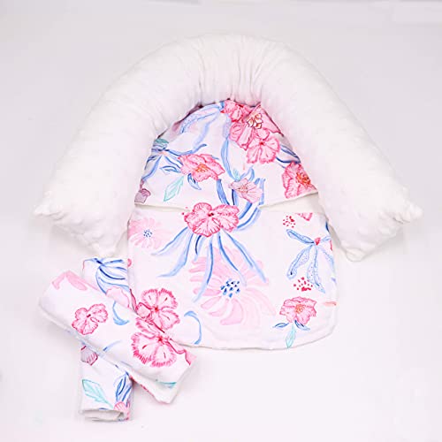 Baby Carseat Headrest and Strap Covers, Minky Floral Infant Strollers Head Support & Seat Belt Cover, Toddler Strollers Headrest and Neck Cover, Car Accessories for Newborn Boys & Girls, Pink Flower