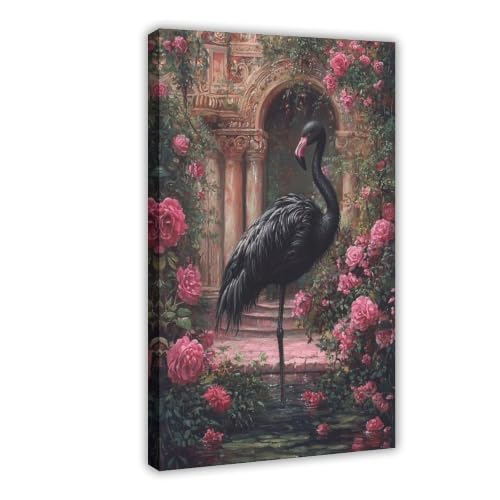 Toile flamant rose vintage grand format decoration murale salon