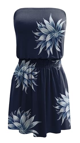 Image of SAUKOLE Summer Dresses for Women Bandeau Strapless Smocked Elastic Waist Sundress Tube Mini Dress with Pockets