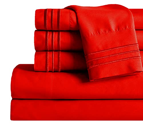Image of Mocassi King Sheet Set - Luxury Hotel 1800 Premier Bedding Sheets & Pillowcases - Ultra Soft Breathable & Cooling Bed Sheets - Deep Pocket - Wrinkle Resistant - 6 Piece Set - King, Red