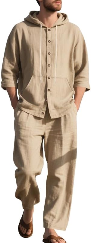 Men's 2 Pieces Cotton Linen Set Casual Long Sleeve Henley Shirts Beach Yoga Pants S...