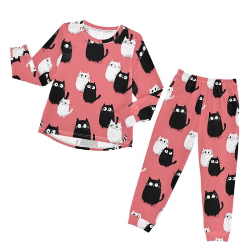 Cats on Pink Background Soft Pajama Set for All Seasons,Breathable Pjs Long Sleeve Sleepwear,Comfy Loungewear 2 Piece Underwear Set 8T