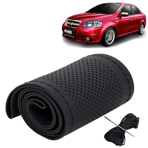 Image of KINGSWAY PU Leatherite Car Steering Cover Sewable Compatible with Chevrolet Aveo (Year 2007-2015), Black Color with Black Thread, Pack of 1 with Sewing Needle and Thread