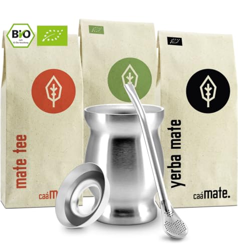 Mate Tee Set Bio ● 3 Matesorten + doppelwandiger Edelstahl Matebecher + Bombilla + Zubereitungsanleitung (silber)