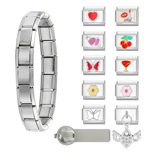 papasgix Italian Charm Bracelet Set with Starter Brascelet, Assorted Charms and Opening Tools, 9mm Modular Italian Charm Bracelet Links Handmade DIY Jewelry Gifts Love Diamond