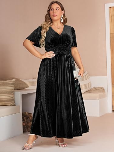 Image of Simplee Women's V Neck Velvet Maxi Dress Short Sleeve Empire Waist Long Formal Dress for Wedding Guest
