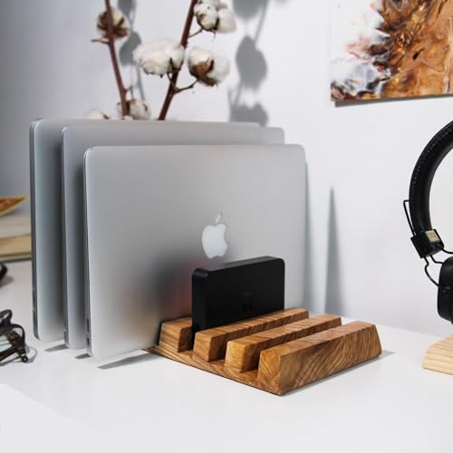 Image of Wooden Multi-Slot Laptop Stand & Desk Organizer | Holds Multiple Laptops, Tablets & Files | Handcrafted Solid Wood Stand for Office & Home
