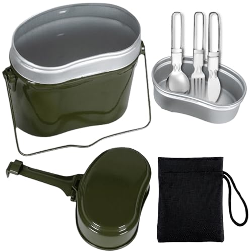 Bundeswehr Essgeschirr Set, Camping Hitzebeständig Kochgeschirr Outdoor mit Faltbarer Gabel Messer und Löffel, Camping Geschirr aus Aluminium mit Klappgriffen, Survival Kochset Bund Besteck