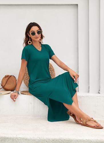 Image of MISFAY Womens Maxi Dress Short Sleeve V Neck Loose with Pockets | Soft stretchy breathable, v neck loose fit, side split hem, two side pockets, casual daily beach vacation travel dress