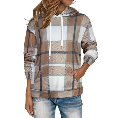 Women's Hoodies Long Sleeve Sweatshirts Drawstring Pullover Tops with Pocket Casual Loose Blouses Tunic Large Brown White Plaid