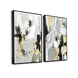 Zessonic Black Abstract Wall Art Decor - 2 Pack 24" x 36" Black and Gold Canvas Wall Decor with Hand Texture for Living Room, Bedroom, Office, Framed, Ready to Hang