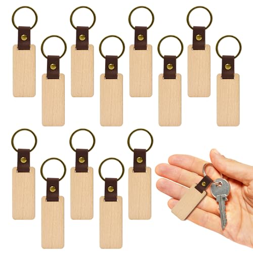 FuxFuis 20 PCS Porte Clés en Bois Rectangulaire, Porte Clé Personnalisé Portes Clef Bois Cuir avec Anneaux Portes Clef bois à Graver pour Bricolage,...