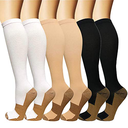 3/10 Pairs HiRui Copper Compression Socks for Men Women Kids, Graduated Compression 20-30mmHg, Best for Circulation Running Cycling Hiking Travel Nurse, Medical/Athletic Fit (3 Pairs(3 Colors), XXL)