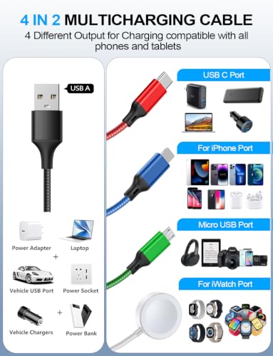 Image of Multi Charging Cable for Apple Watch Charger /iPhone /Samsung Charger,Type C /Lightning /iWatch /Micro Charger Cord for iWatch Ultra /10-2 /iPhone /Galaxy /Airpods,Travel Essentials[1.5M]-Multicolor