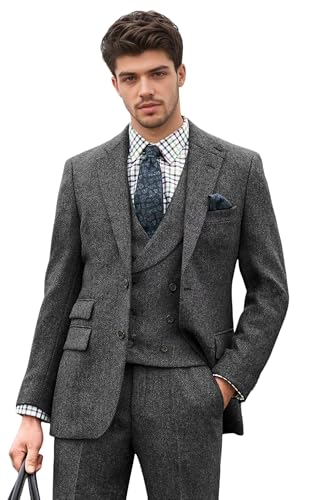 Men's 3 Pieces Tweed Knit Suit Wedding Winter Blazer Slim Fit Single Breasted Jacket Vest Trousers Party Set
