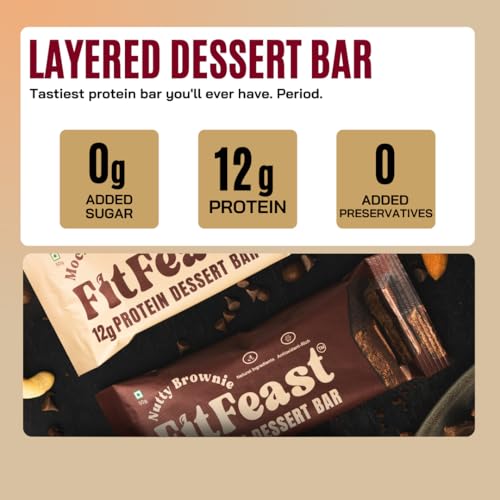 Image of FitFeast Dessert Protein Bar, Pack of 8 | 4 x Mocha Boost & 4 x Nutty Brownie | 12g Protein each | Zero Added Sugar & No Artificial Preservatives | 45g Bar | As Seen on Shark Tank