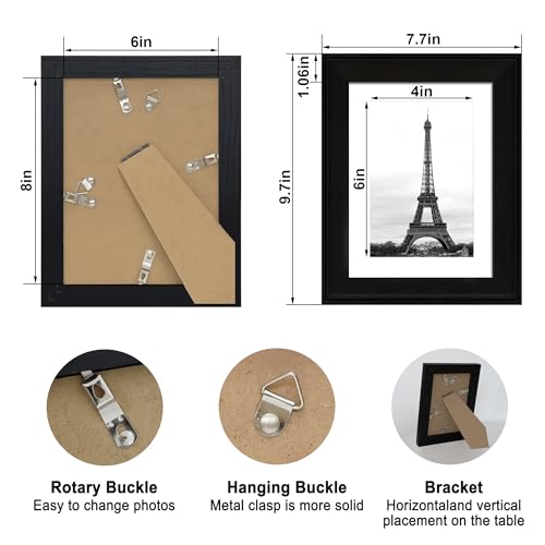 Image of iRahmen 6x8 Vintage Picture Frame with Mat 4x6 - High Definition Real Glass Wooden Photo Frames for Tabletop Display and Wall Mounting (Black, Set of 4)