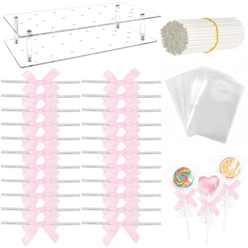 Supkiir 300Pcs Cake Pop Sticks and Wrappers, Including 100 Clear Cakepop Bags with 100 Pink Ribbon Bow Ties and 100 Paper Sticks for Christmas Candy Packaging Cake Pops and Desserts Decoration
