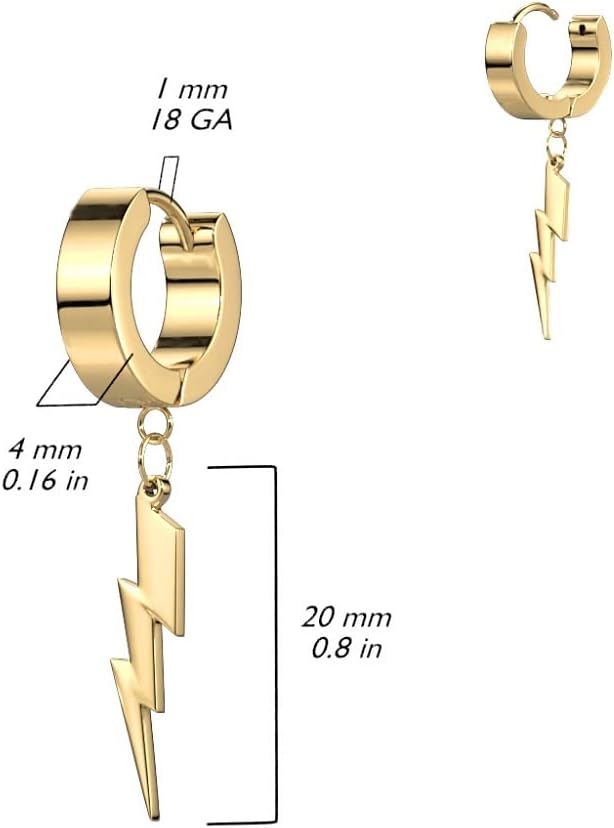 316L Stainless Steel Lightning Bolt Dangling Huggie Hinged Hoop Earrings, Sold as a Pair - Image 2