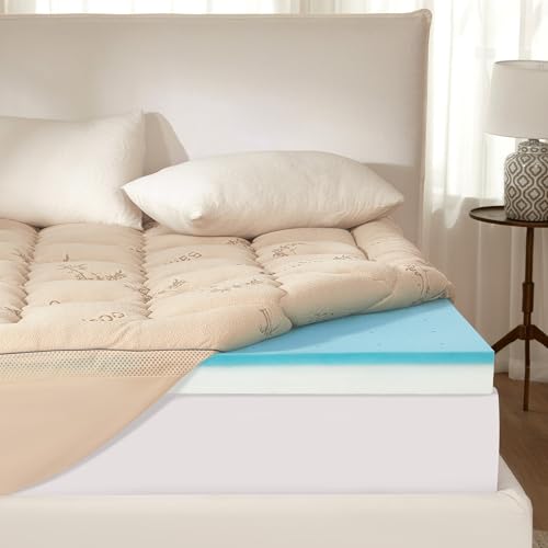 Image of BEDLORE 4 Inch Memory Foam Mattress Topper Twin XL for College Dorm Room Essentials, 2-in-1 Dual Layer Design (2 inch Gel Memory Foam + 2 inch Plush Pillow Top Cover) Mattress Topper Medium Firm(Beige)