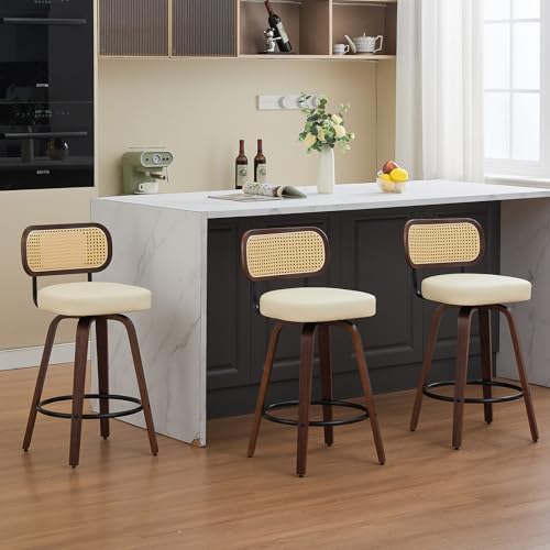 Image of Shenyon Counter Height Bar Stools Set of 3, Swivel Bar Chairs with Curved Rattan Back, Upholstered PU Leather, Walnut Craftsmanship, Mid Century Modern Counter Stools for Kitchen Counter, Beige