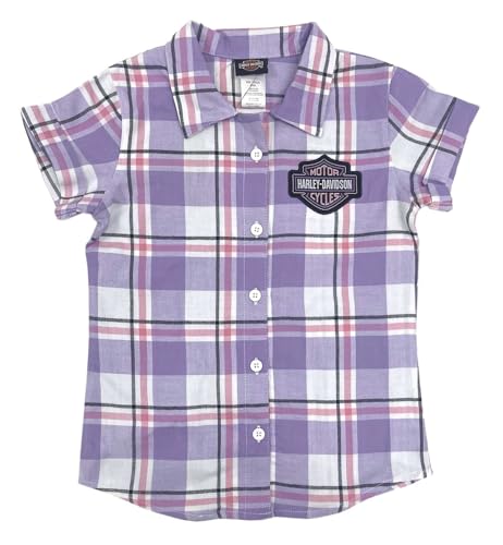 Harley-Davidson Big Girls' Bar & Shield Short Sleeve Plaid Shirt, Purple