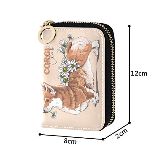 MOYYO RFID Credit Card Holder Case Funny Welsh Corgi Dog With A Chamomile Flowers Leather Printed Zipper Card Case Wallet for Women Girls4