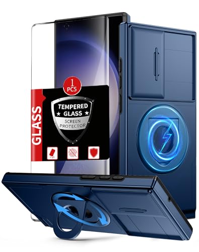 FRLMOOES for Samsung Galaxy S22 Ultra Case Magnetic Compatible with MagSafe Wireless Charging,with Screen Protector,Built-in Stand Ring+Camera Cover Anti-Scratch Shockproof Heavy Duty Protection Blue