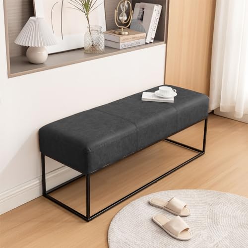 Image of Leather Entryway Bench, Modern Long Faux Leather Ottoman Bench Seat with Metal Frame, 47'' Upholstered Bedroom Bench for Living Room Entryway Window, Vintage Black