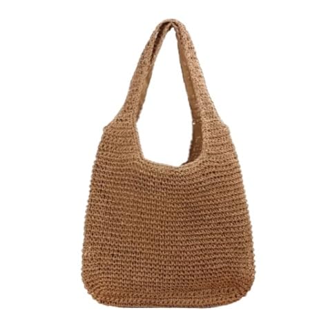 Bolsa Palha Praia de Ombro Feminina Alça Grossa Tendência Casual Verão Lazer Praia(Bege)
