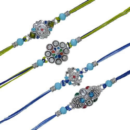 Image of eCraftIndia Set of 4 Multicolor Kundan Floral Designer Rakhis, Best Bro Ever Fridge Magnet with Roli Chawal Pack - Rakhis for Brother, Bhabhi, Kids