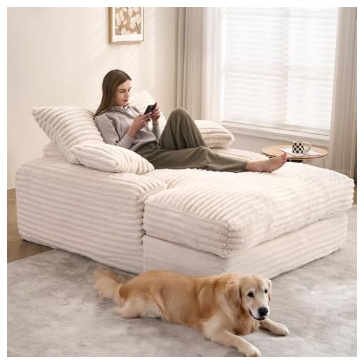 DEKKETO Oversized Chaise Lounge Chair Indoor 175x137cm, Upholstered Boneless Sofa Bed with 4 Pillows and Wide Armrests, Cloud Sleeper Couch for Living Room, No Assembly Required, Corduroy, Beige
