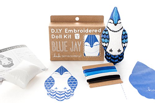 Image of Kiriki Press DIY Embroidery Doll Kit - Skill Level 3 - Beginner to Advanced Embroidery Kits for Adults Teens (3 Skill Levels) Animal Embroidery Kit - Screen Printed Pattern (Blue Jay - Level 3)