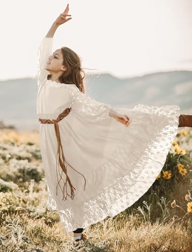 MITILLY Girls Boho Long Sleeve Backless Lace Flower Square Neck Tiered Ruffle Swing Party Maxi Dress3